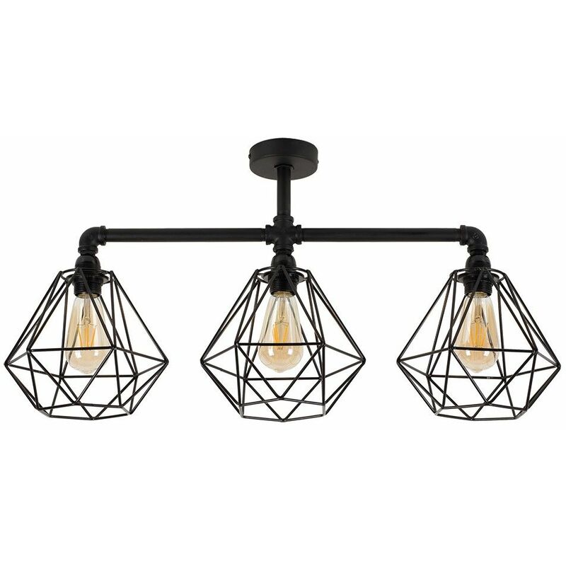 Minisun - Black 3 Way Ceiling Light Bar With Wire Frame Shades - No Bulb