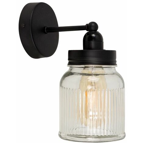 VALUELIGHTS Industrial Satin Black Wall Light & Clear Glass Ribbed Pattern Jar Shade - No Bulb