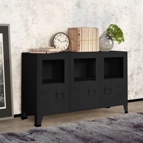 Industrial Sideboard，Küchenschrank，Kommode，Beistellschrank Schwarz 105x35x62 cm Metall und Glas CEIN314811 BonneVie