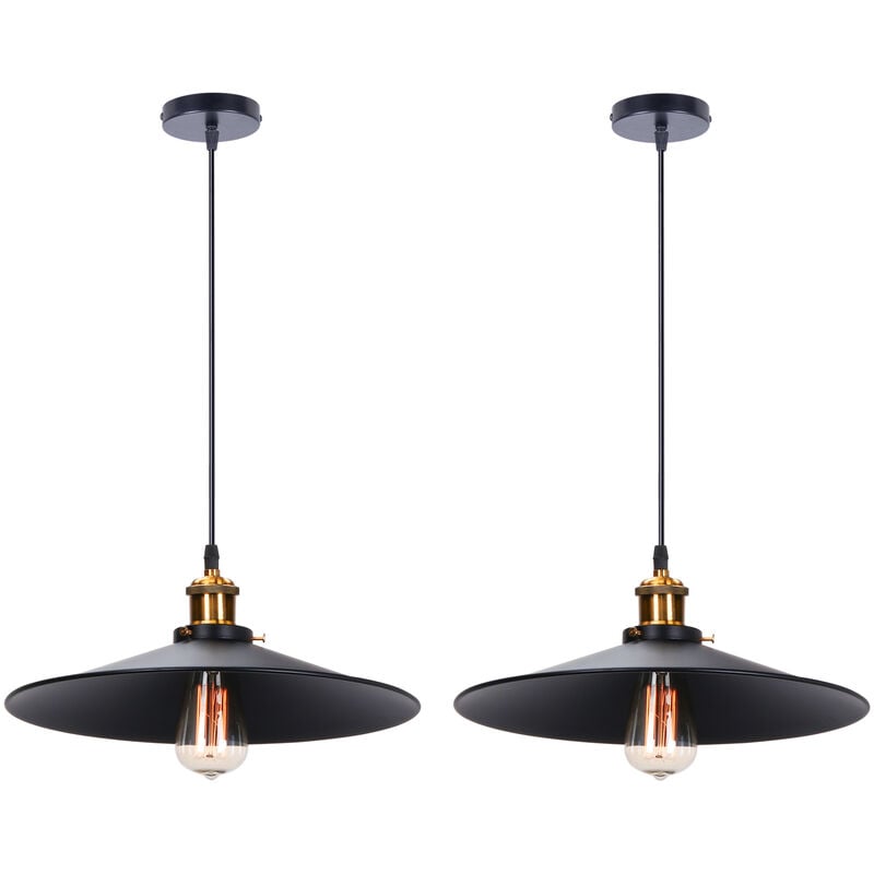 2pcs Decorative Pendant Light, Vintage Metal Hanging Ceiling Lamp, Retro Minimalist Chandelier with Ø36cm Lamp Shade for Kitchen Island (Black)