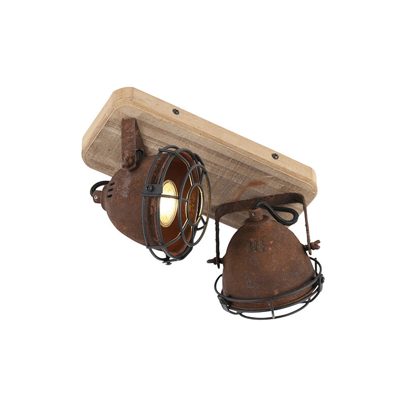 Qazqa - Industrial spot rust brown with wood tiltable 2-light - Gina