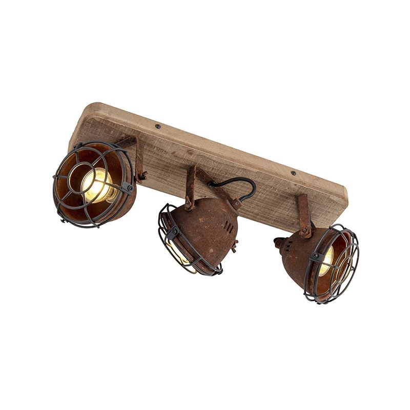 Qazqa - Industrial spot rust brown with wood tiltable 3-light - Gina
