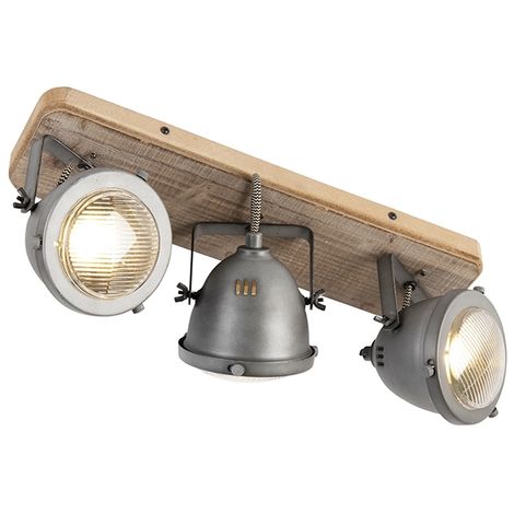 QAZQA Industrial spot steel with wood tiltable 3-light - Emado