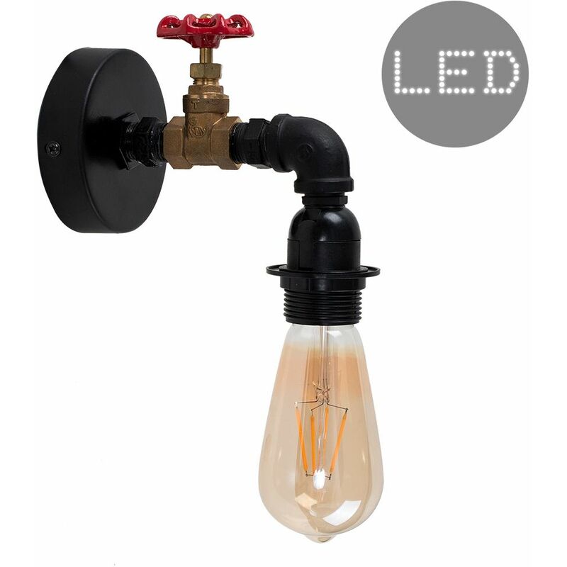 Minisun - Industrial Antique Brass / Satin Black & Red Tap Wall Light - Add LED Bulb
