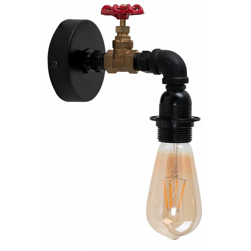 Industrial Antique Brass / Satin Black & Red Tap Wall Light - No Bulb