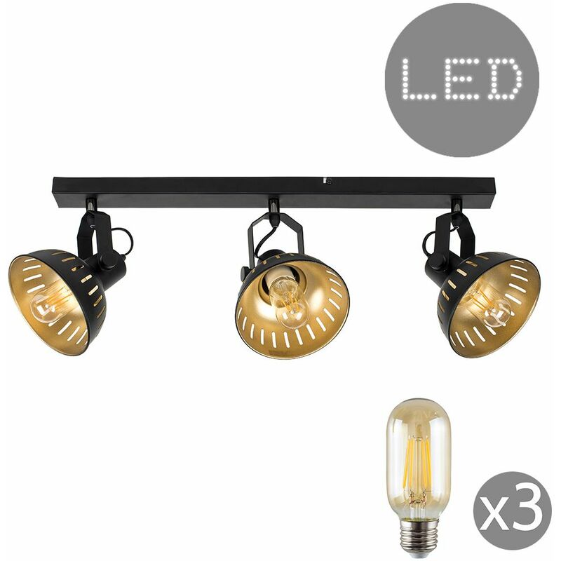 Minisun - Industrial Black & Gold 3 Way Adjustable Ceiling Spotlight - Add LED Bulbs