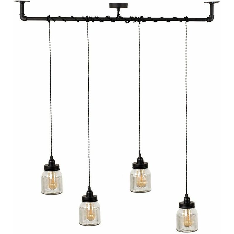 Minisun - Industrial Black 4 Way Bar Wrap Over Ceiling Light + Clear Glass Ribbed Pattern Jar Shades