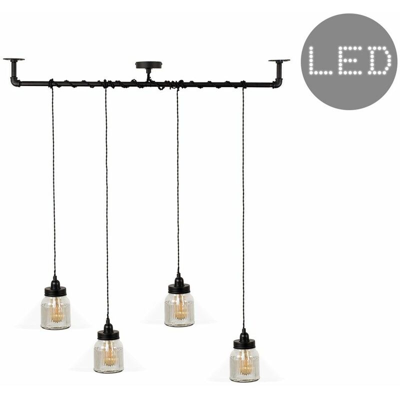 Minisun - Industrial Black 4 Way Bar Wrap Over Ceiling Light + Clear Glass Ribbed Pattern Jar Shades + 4W LED Filament Bulbs - Warm White