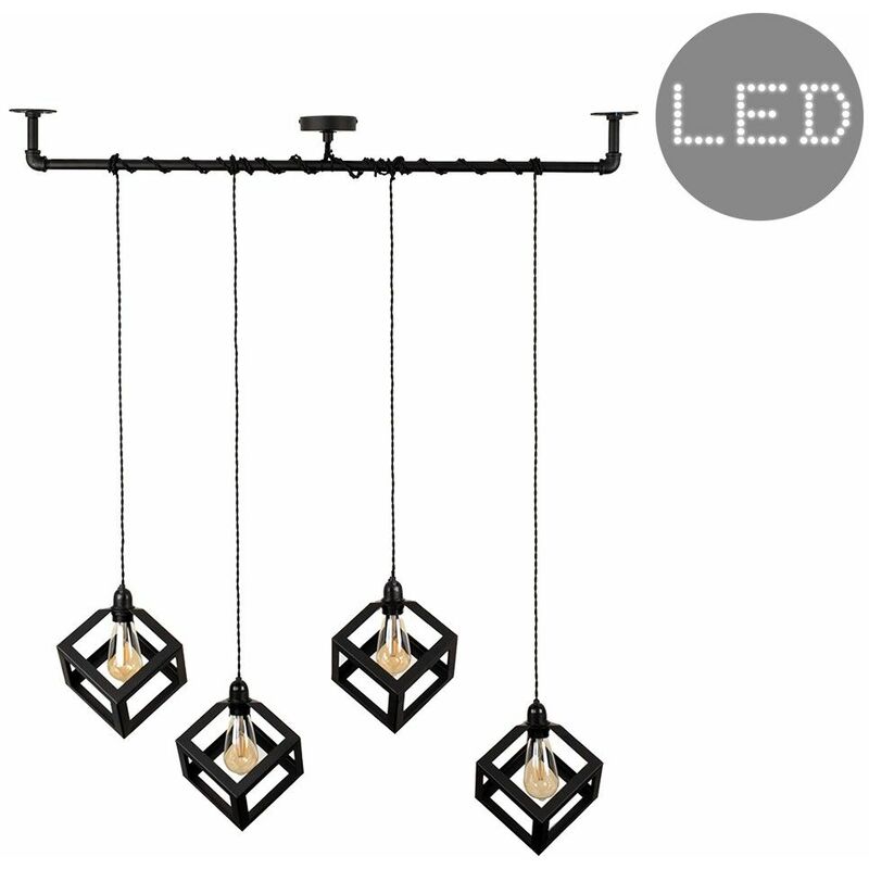 Minisun - Industrial Black 4 Way Bar Wrap Over Ceiling Light + Puzzle Cube Black Shades + 4W LED Filament Bulbs - Warm White