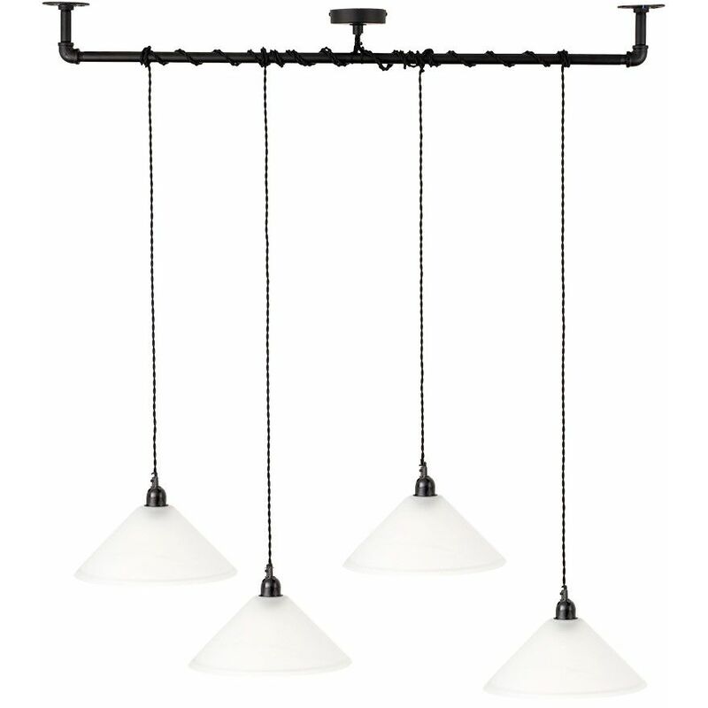Minisun - Industrial Black 4 Way Bar Wrap Over Ceiling Light + Frosted Glass Shades