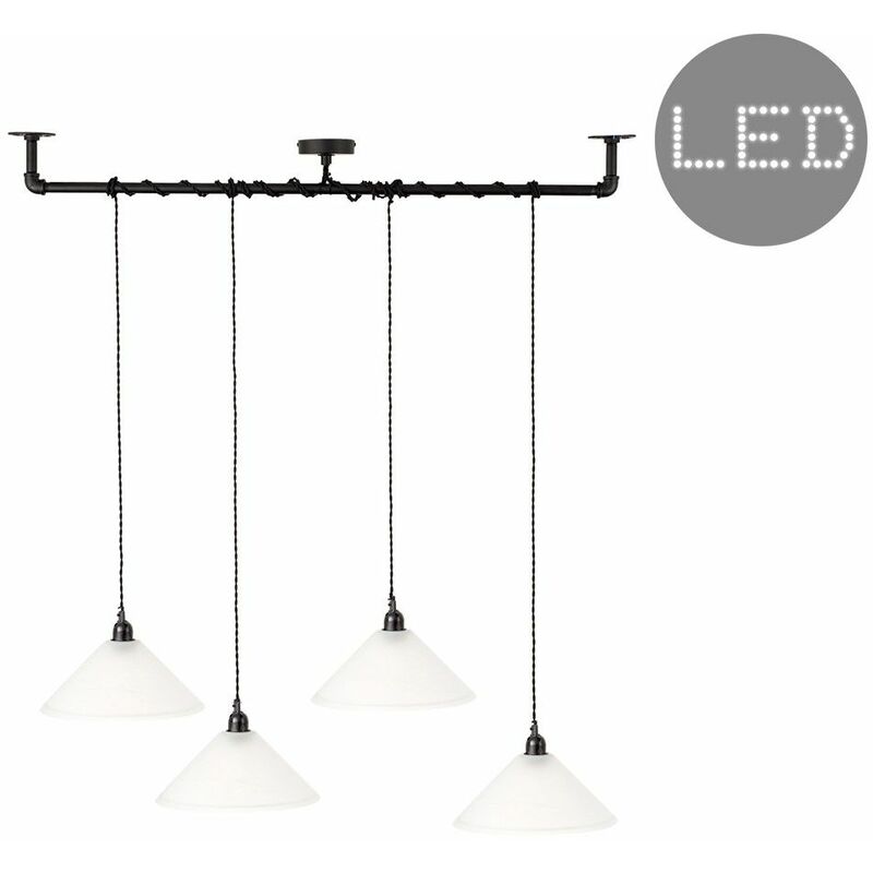 Minisun - Industrial Black 4 Way Bar Wrap Over Ceiling Light + Frosted Glass Shades + 4W Led Filament Bulbs - Warm White