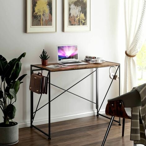 main image of "Industrial Style Metal Frame Wooden Desk Home Office Folding Computer Table"