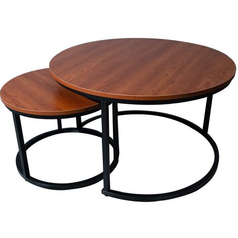 Industrial Style Walnut Round Set Of 2 Coffee Tables