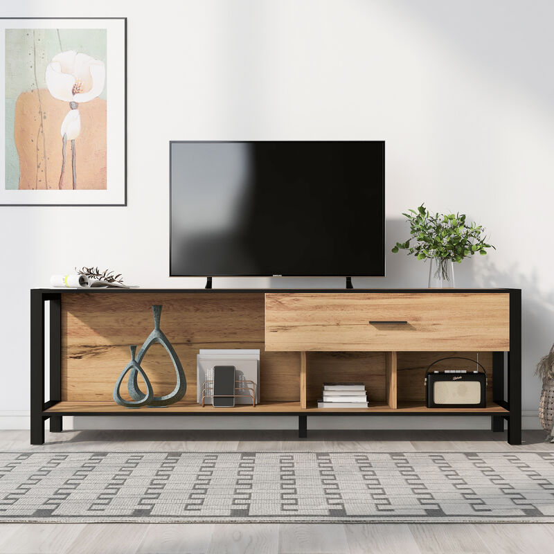 Dewdat - Industrial tv Stand with Open Storage Space – Modern tv Cabinet with Metal Frame for Living Room Home Entertainment Center in Brown