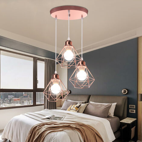 Industrial Vintage Pendant Light Diamond Lampshade Cage Made of Iron Ceiling Lamp 3 Lights for Living Room Kitchen Restaurant Rose Gold
