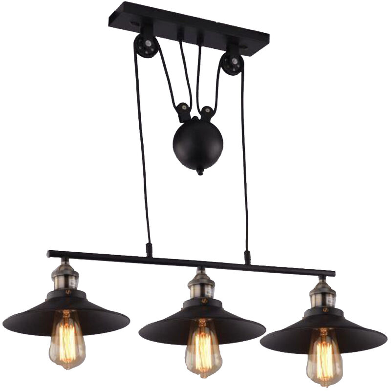 Industrial Pendant Light Vintage Retro Pulley Hanging Ceiling Lamp Creative Rise and Fall Chandelier with Metal Dome Lampshade E27 (Black)