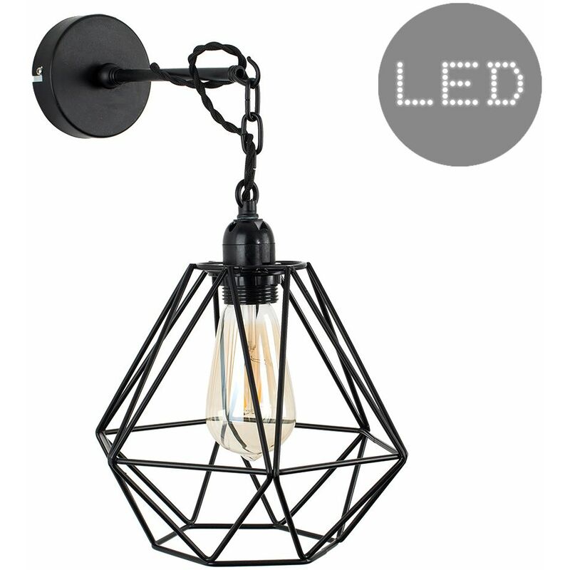 Minisun - Industrial Wall Light with Cage Shade - Black - Including LED Bulb