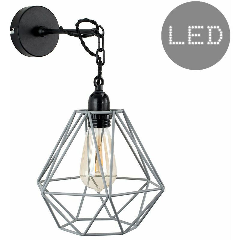 Minisun - Industrial Wall Light with Cage Shade - Grey - Including LED Bulb