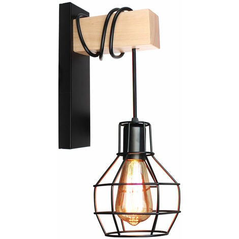 WOTTES Industrial Wall Lamp Wooden Metal Wall Light Fixture Black Cage Design Sconce