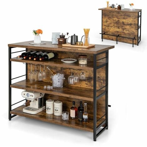 Industrial Wine Bar Cabinet Kitchen Storage Sideboard W/ Wine Rack Glass Holders