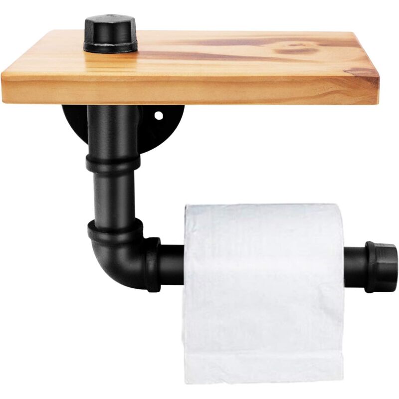 Image of Industrial Wooden Shelves Iron Pipe Racks Wall Mounted Rack Wrought Iron Bathroom Toilet Paper Holder Retro Style