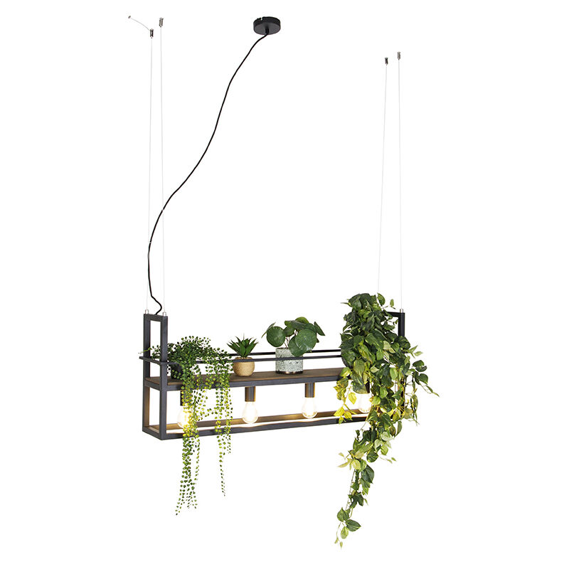 Industrial hanging lamp black with wood and rack 4-lights - Cage Rack