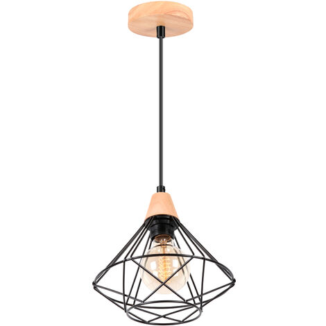 Industriale Lampadario Forma di Diamante in Metallo e Legno E27 Lampada da Soffitto per Camera da Letto Soggiorno Sala da Pranzo Nero