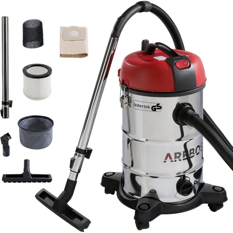Aspirateur Industriel Aspirateur Sec et Humide avec Filtre 1800W 30L Acier Inoxydable Rouge - Arebos