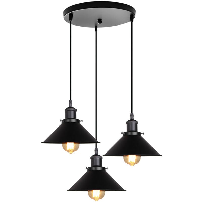 Wottes - Lustre Suspension 3 Lumières Abat-jour Plafonnier Industrial E27 pour Chambre Bar Tout Noir