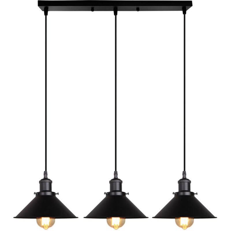 Industriel Lustre Suspension 3 Luminaires Lampe de Suspension Abat-jour Tout Noir pour Chambre Café Bar