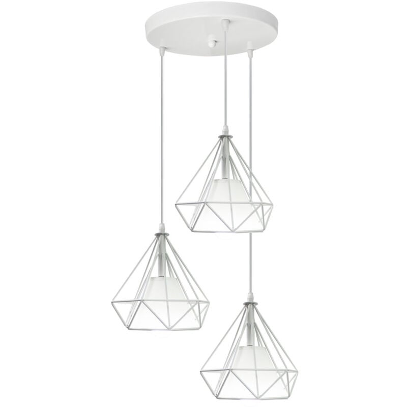 Lustre Suspension 3 Luminères en Forme Diamant Lampe de Suspension Moderne E27 pour Chambre Salon Bar Restaurant Blanc