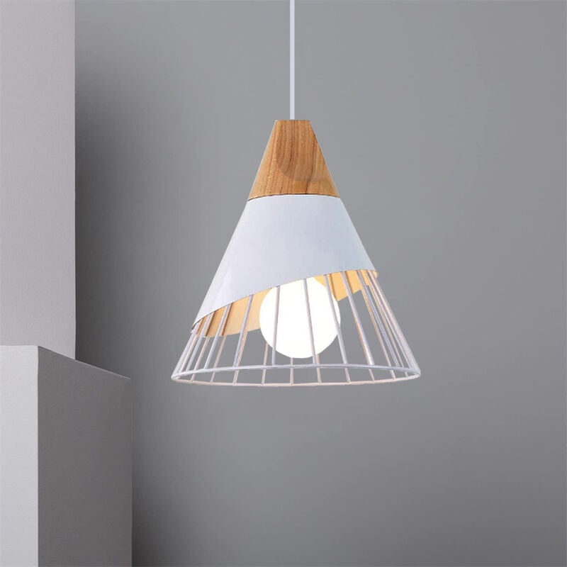 Industriel Lustre Suspension Créatif Abat-jour Ø25cm en Forme Badminton en Métal et Bois Plafonnier Lampe E27 pour Chambre Salon Cuisine Blanc