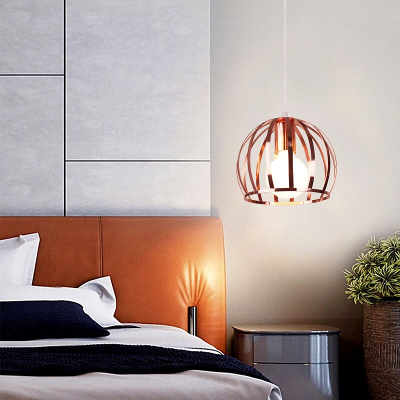 Industriel Lustre Suspension E27 Cage en Métal Luminaire de Plafond pour Salon Restaurant Salle Chambre Or Rose