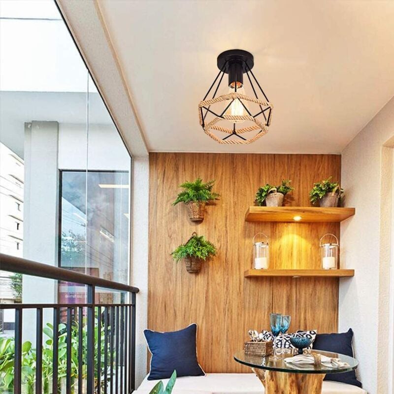 Industriel Plafonnier Cage en Métal et Corde de Chanvre Lampe de Plafond E27 pour Salon Couloir Salle Chambre Noir