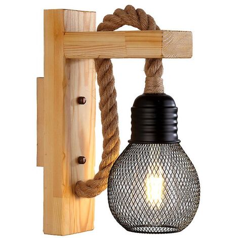 Industrielle LED-Wandleuchte aus Hanfseil/Holzlampe, E27-Sockel, Schwarz