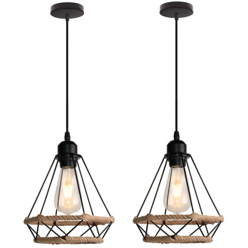 Lustre Suspension Industrielle en Forme Diamant E27 Lampe Suspension en Décoration Corde de Chanvre Noir - 2 Pcs