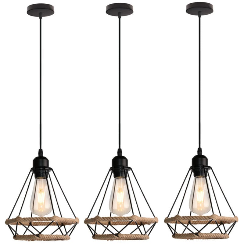 Lustre Suspension Industrielle en Forme Diamant E27 Lampe Suspension en Décoration Corde de Chanvre Noir - 3 Pcs