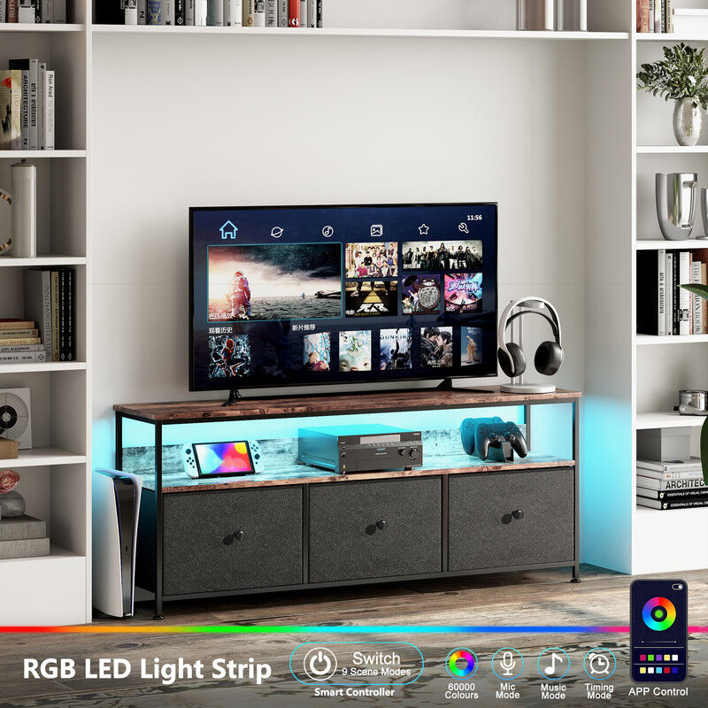 Blanketswarm - Industrielle Meuble tv 137x30x57 cm, Meuble tv Bois et Metal avec Armoires, Tiroirs et Étagères, Meuble tv avec Led et 3 Tiroirs,