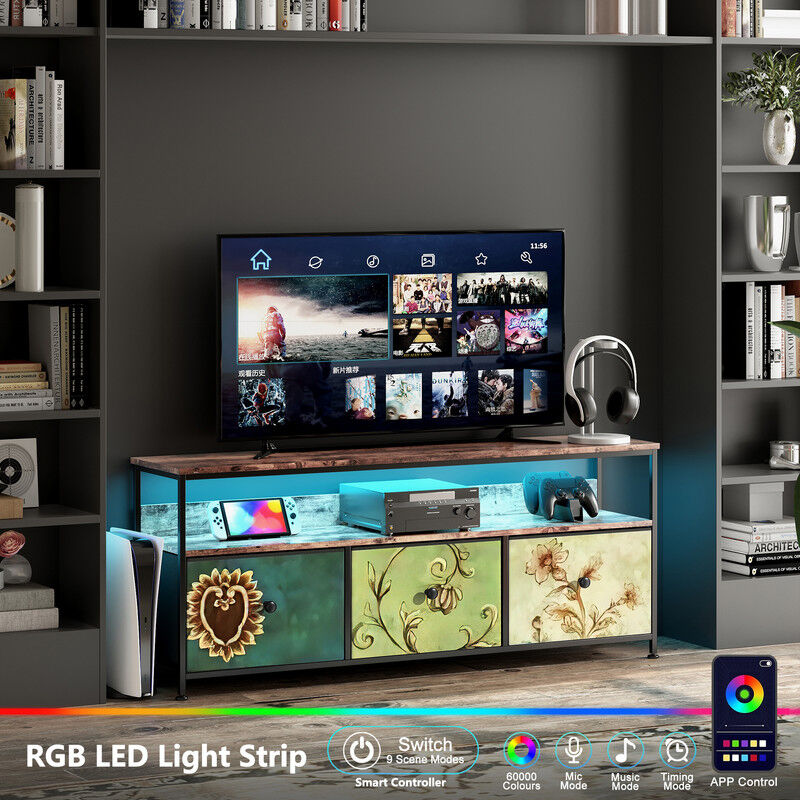 Blanketswarm - Industrielle Meuble tv 137x30x57 cm, Meuble tv Bois et Metal avec Armoires, Tiroirs et Étagères, Meuble tv avec Led et 3 Tiroirs,