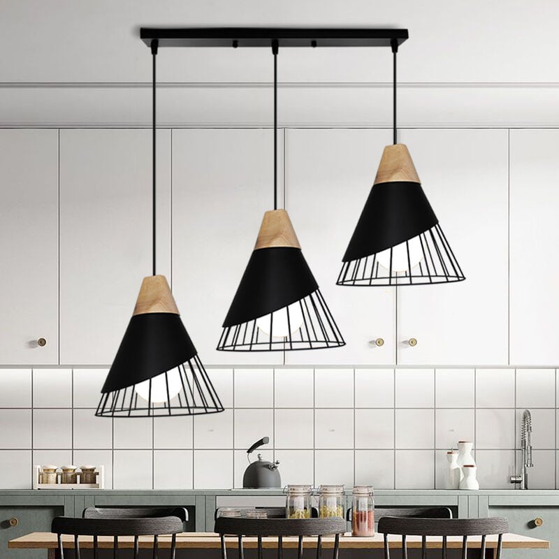 Industrielle Moderne Lustre Suspension 3 Lumières E27 Lampe en Forme Badminton en Métal Bois pour Cuisine Salon Chambre Noir