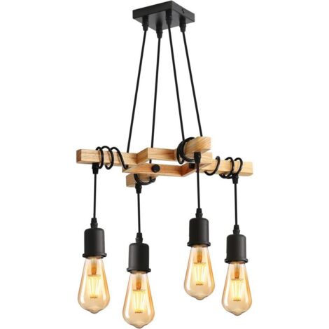 Industrielle Pendelleuchte, Holz-Kronleuchter E27, Vintage-Deckenleuchte in Schwarz, höhenverstellbar für Wohnzimmer, Küche, Schlafzimmer, 4 Leuchtmittel NICHT ENTHALTEN