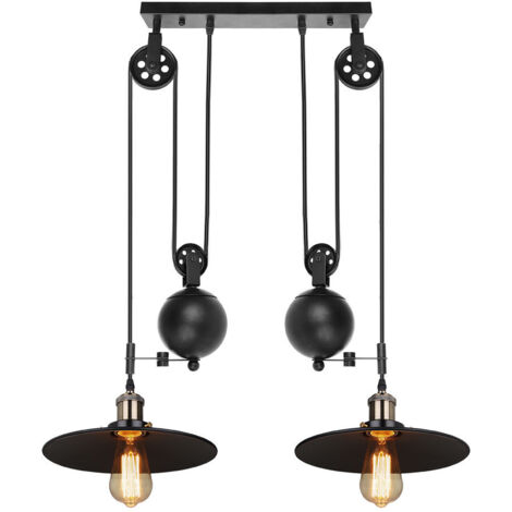 Industrielle Pendelleuchte, Retro Riemenscheibe aufgehängt Rise Fall Hängelampe E27 Höhenverstellbar für Kitchen Bar Flur Esszimmer - 2er Schwarze