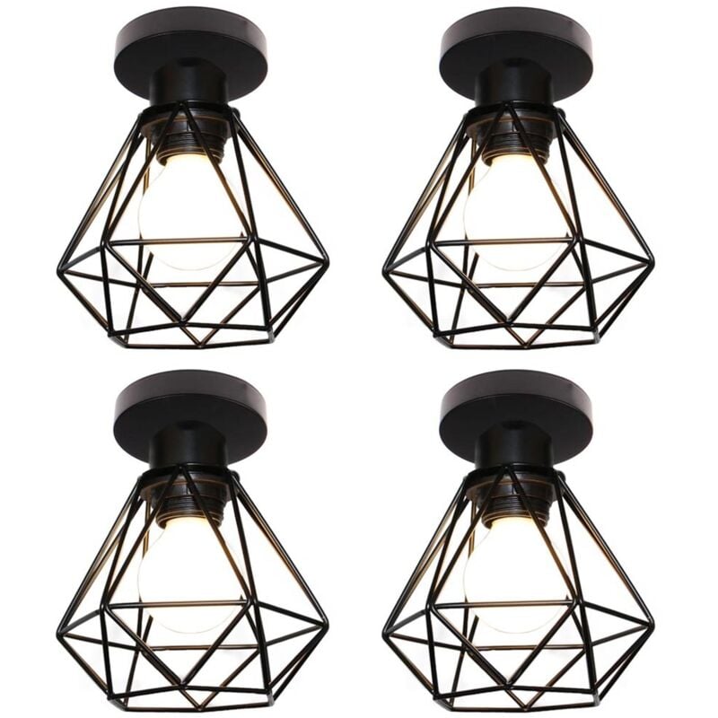 Industrielle Plafonnier Cage Diamant en Métal Lampe de Plafond Luminaire E27 pour Chambre Couloir Salon Noir - 4PCS