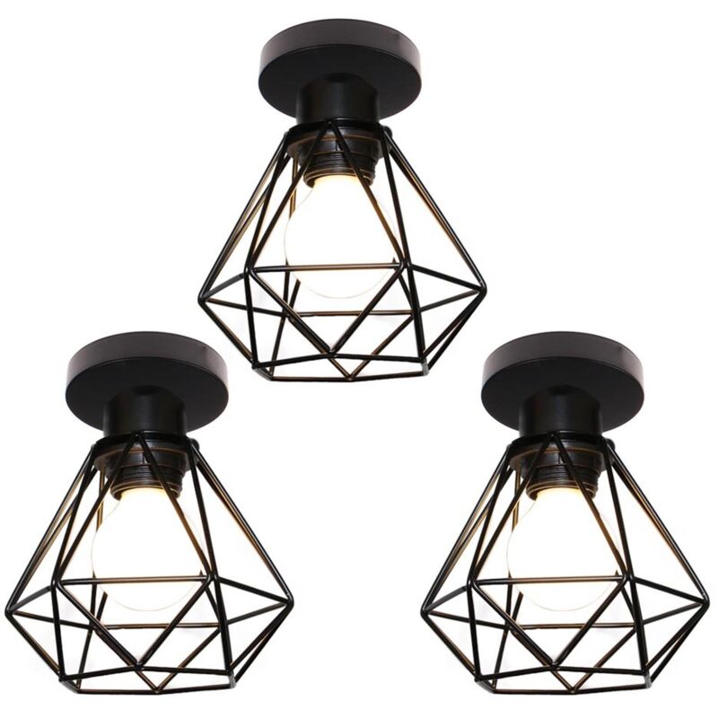Industrielle Plafonnier Cage Diamant en Métal Lampe de Plafond Luminaire E27 pour Chambre Couloir Salon Noir - 3PCS