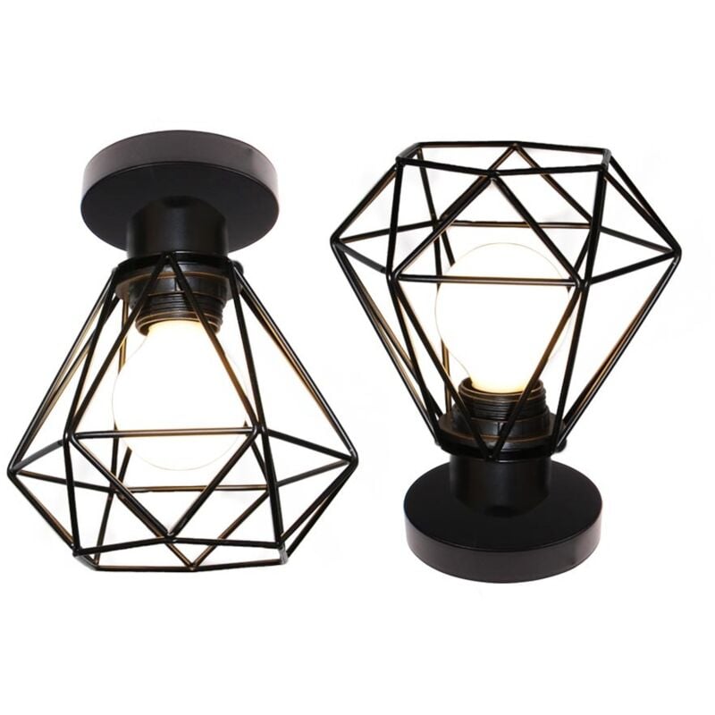 Industrielle Plafonnier Cage Diamant en Métal Lampe de Plafond Luminaire E27 pour Chambre Couloir Salon Noir - 2PCS