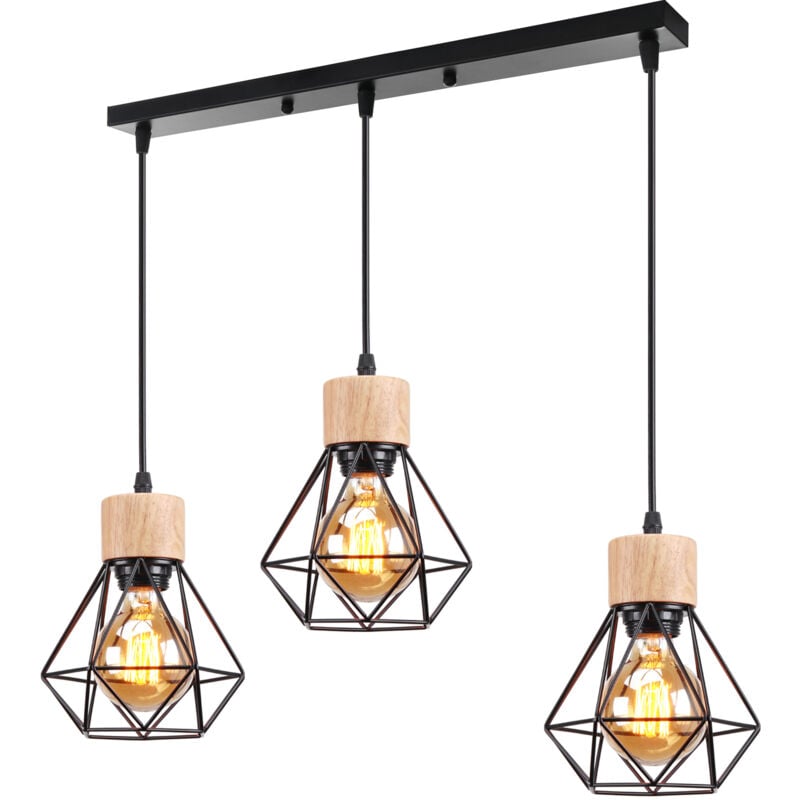 Industrielle Suspension Luminaire 3 Lampes E27 en Forme Diamant en Métal Bois Lampe de Plafond Rétro Plafonnier Abat-Jour pour Salle à Manger Chambre
