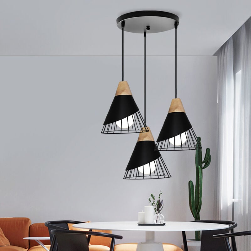 Industrielle Suspension Luminaire 3 Lumières Lustre Forme du Badminton en Métal et Bois E27 Plafonnier avec Ronde Base pour Salle à Manger Cuisine