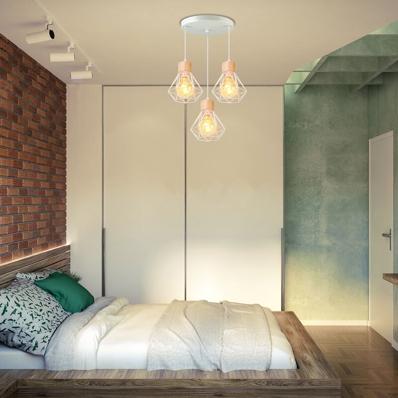 Industrielle Suspension Luminaire Plafonnier 3 Abat-jours en Forme Diamant Lampe Lustre en Fer et Bois E27 pour Salon Cuisine Chambre Blanc