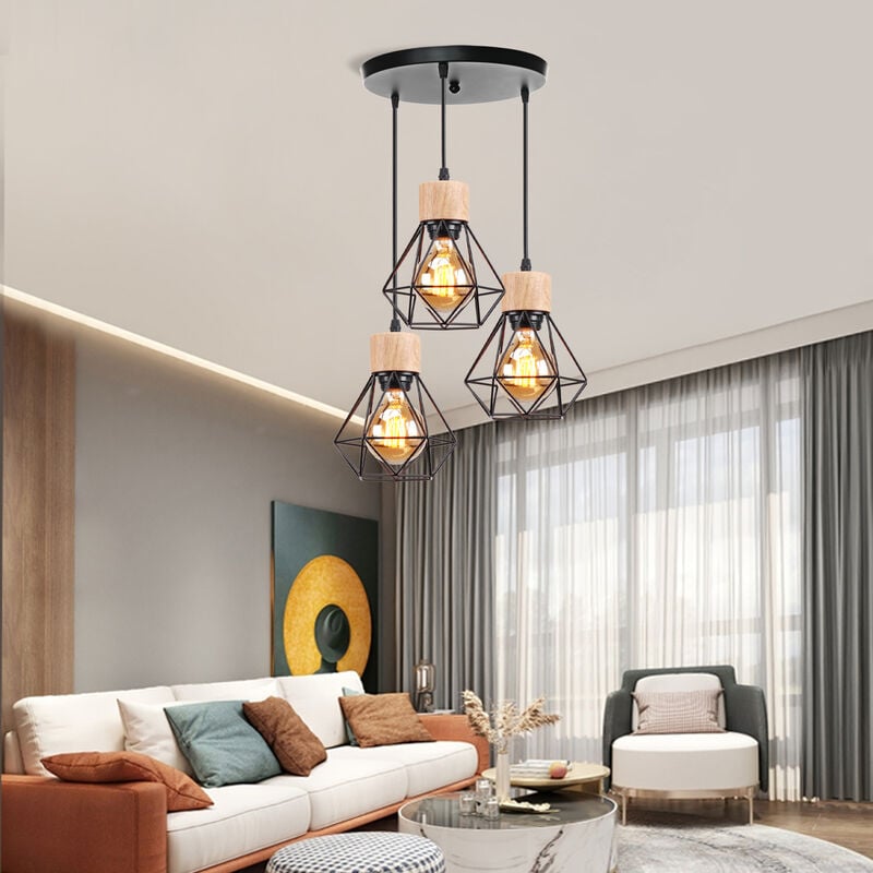 Industrielle Suspension Luminaire Plafonnier 3 Abat-jours en Forme Diamant Lampe Lustre en Fer et Bois E27 pour Salon Cuisine Chambre Noir
