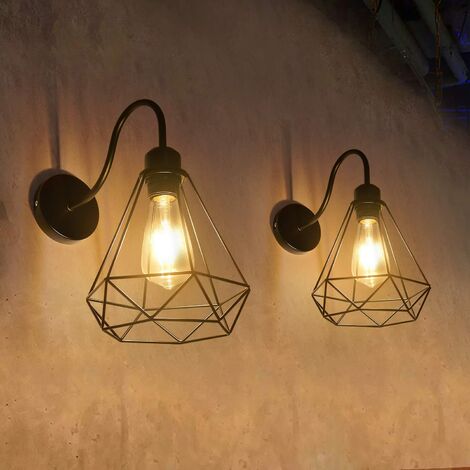 Industrielle Vintage-Wandleuchte, 2er-Set, E27 Edison-Metallkäfig-Diamant-Wandleuchte, Retro-Wandleuchte für Wohnzimmer, Flur, Küche, Café, Bar, Schwarz